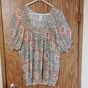 American Rag Peach & Mint Floral Smocked Peasant Blouse